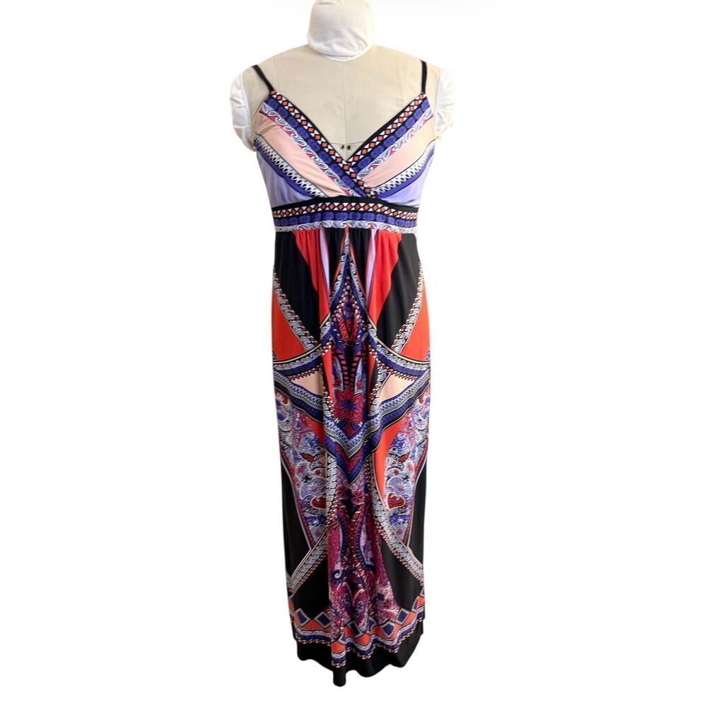 MSK Boho Maxi Dress Large Vibrant Geometric Print Adj Straps Cruise Resort